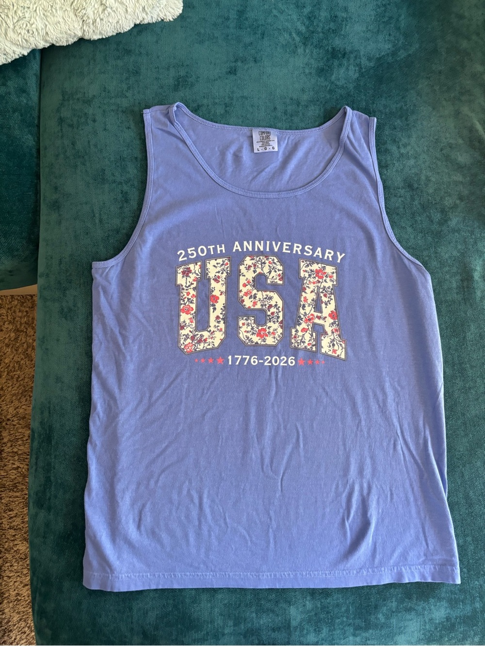 Comfort Colors Light Blue Floral USA Anniversary Tank Size Large